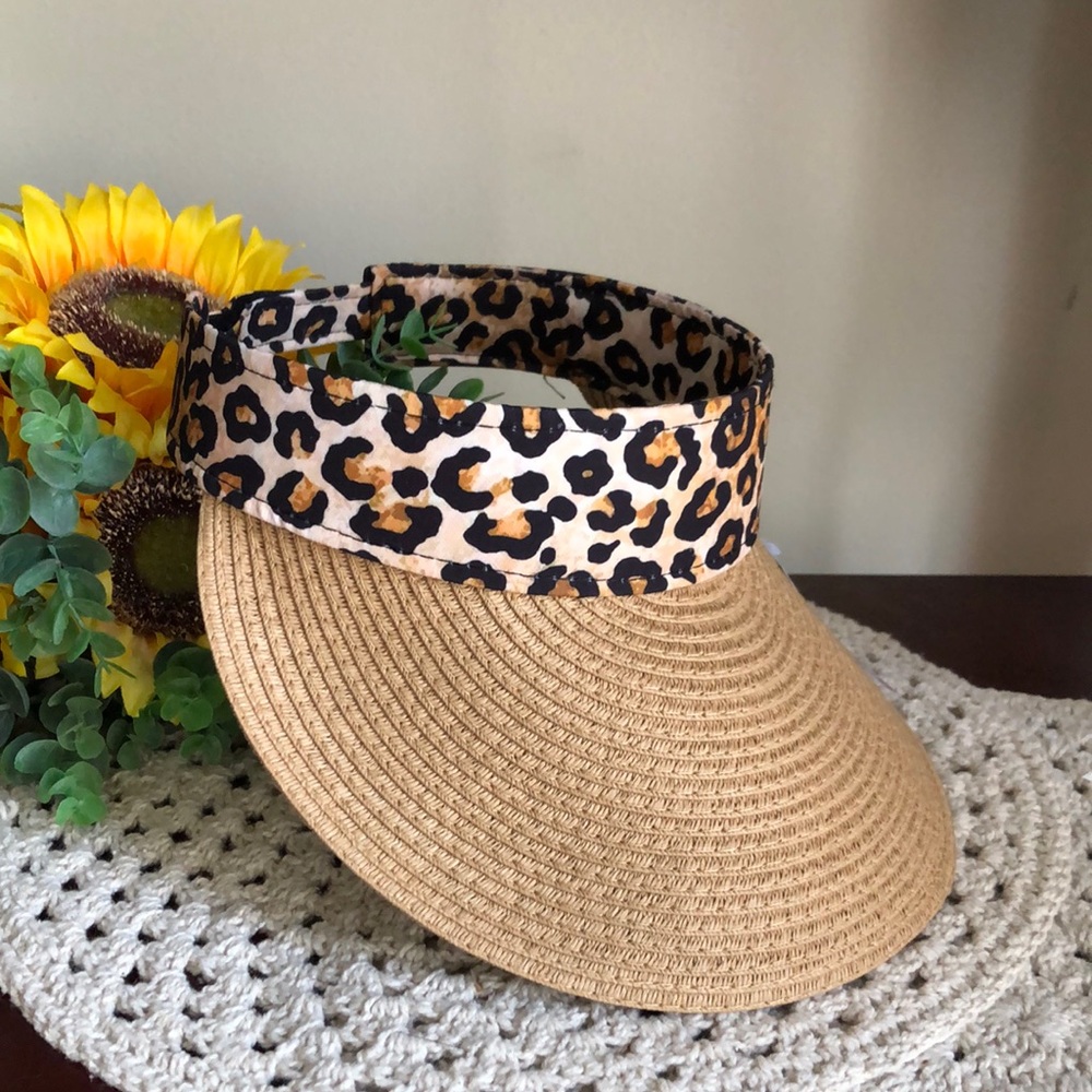 Leopard Print Band Straw Visor - Neutral Tan